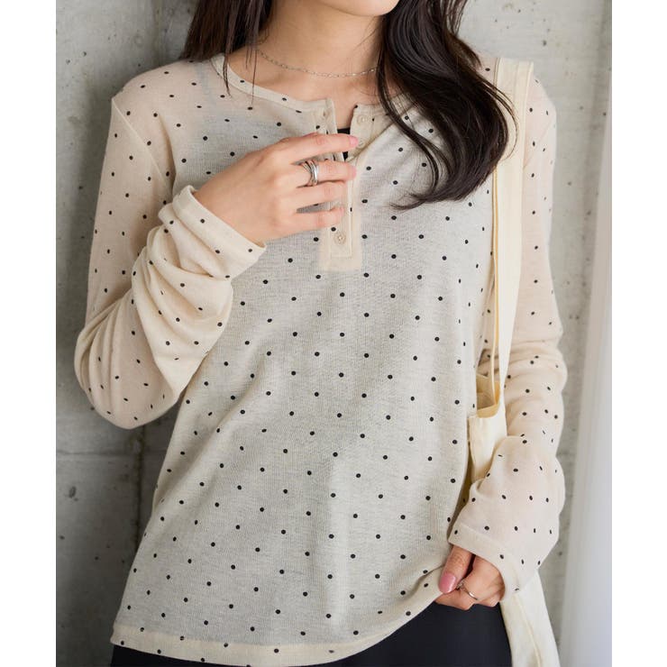 ベージュ×ドット | ヘンリーネックシアーカットソー［C7933］ ヘンリーネック シアートップス | KOBE LETTUCE