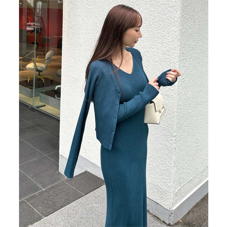 選べるネックとタイプ リブニットロングスリーブワンピース[品番