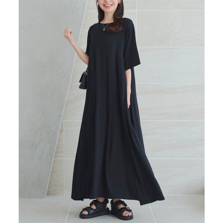 ブラック | 接触冷感 × シワ防止加工付きカットソーワンピースゆったり | KOBE LETTUCE