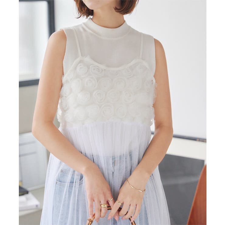 Areeam 3Dフラワーチュールキャミワンピワース(ホワイト) Areeam｜3Dフラワーチュールキャミワンピース | Rakuten Fashion