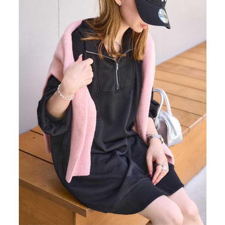 ブラック | 胸元ジップスウェットミニワンピース［E3442］ | KOBE LETTUCE