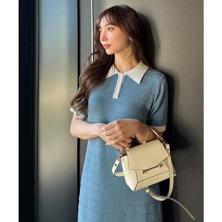 ダスティブルー×オフ |  リップルボーダーポロカラーニットワンピース | KOBE LETTUCE