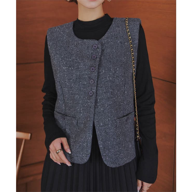 ブラック | あったかプリーツロングワンピース＆ツイードベスト 2点セット 2点セット | KOBE LETTUCE