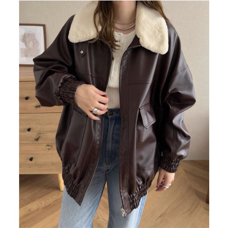 ブラウンファー襟 | フェイクレザージップアップブルゾンレザー ジャケット アウター | KOBE LETTUCE