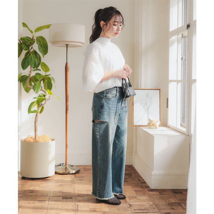 選べる2タイプ 裾フリンジストレートデニムパンツ[品番