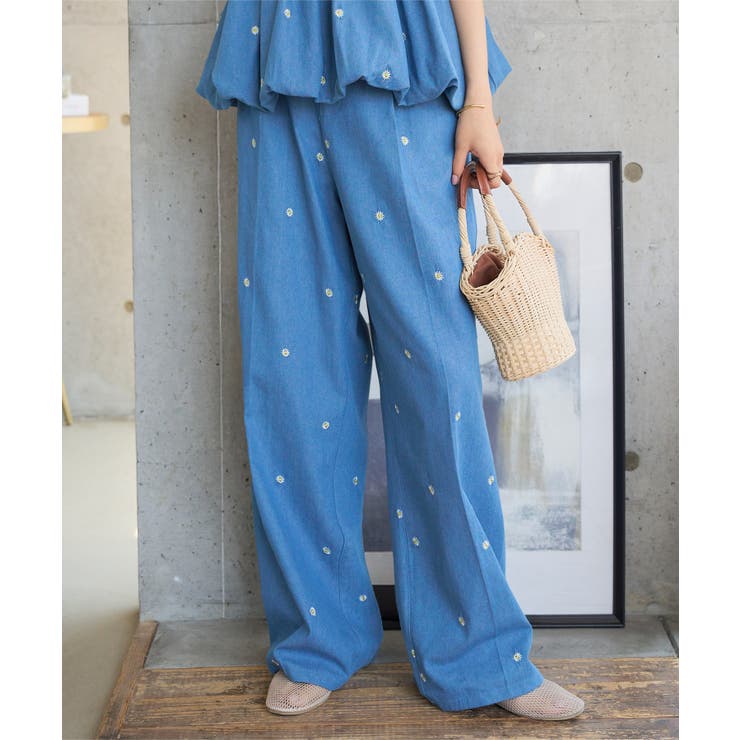 ブルー | 刺繍 ワイド デニム | KOBE LETTUCE