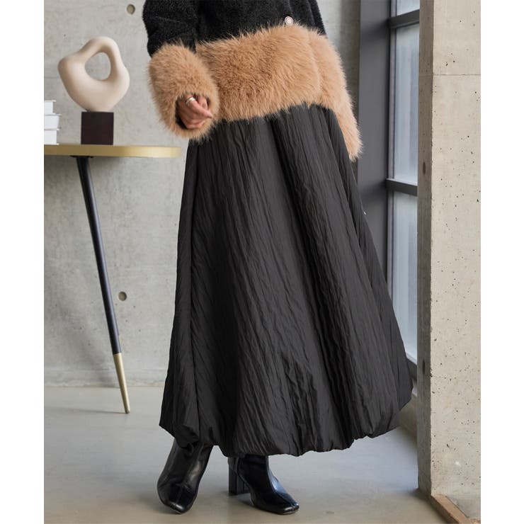 ブラック | シワ加工中綿バルーンロングスカート シワ加工 中綿 | KOBE LETTUCE