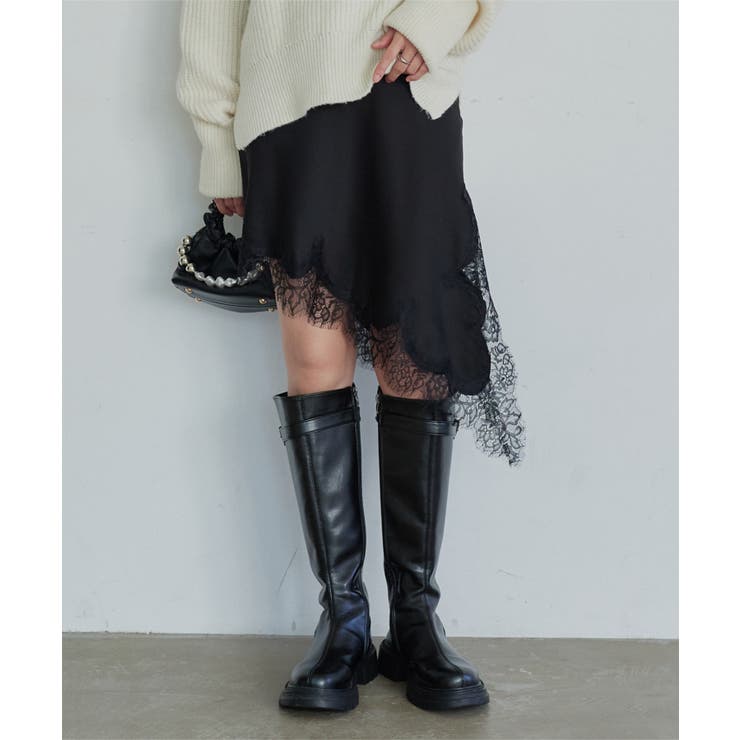 ブラック | 裾レースアシメサテンスカート［M4387］ 裾レース サテンスカート | KOBE LETTUCE