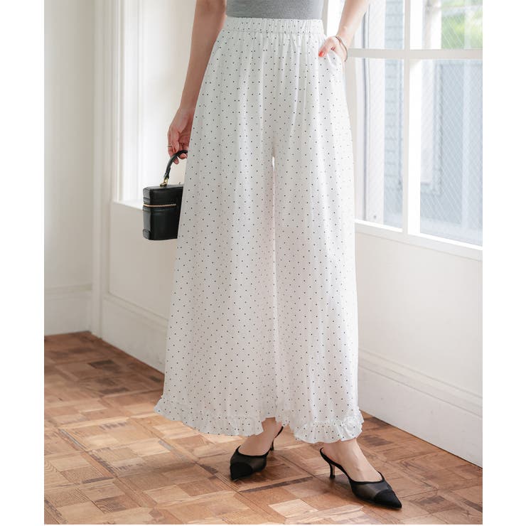 ホワイト | 裾フリルドットワイドパンツ［M4443］裾フリル ドット ワイドパンツ | KOBE LETTUCE