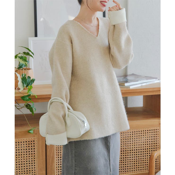 ベージュ×オフ | 選べる2タイプ 配色ニット［N1114］ | KOBE LETTUCE