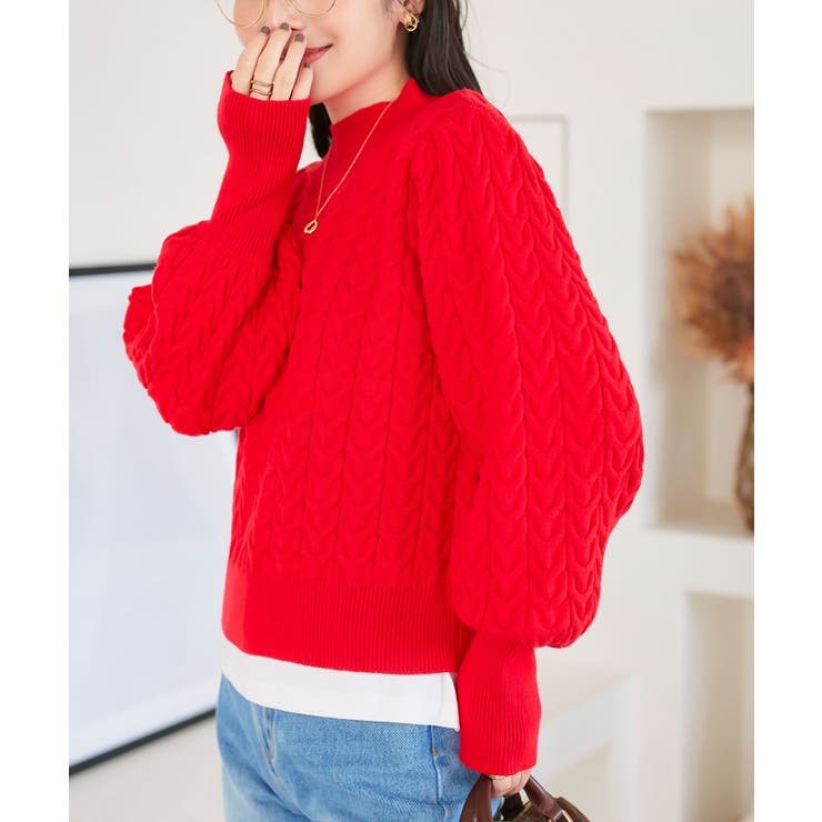 レッド | 立体ケーブルモックネックニットトップス［N1116］ | KOBE LETTUCE