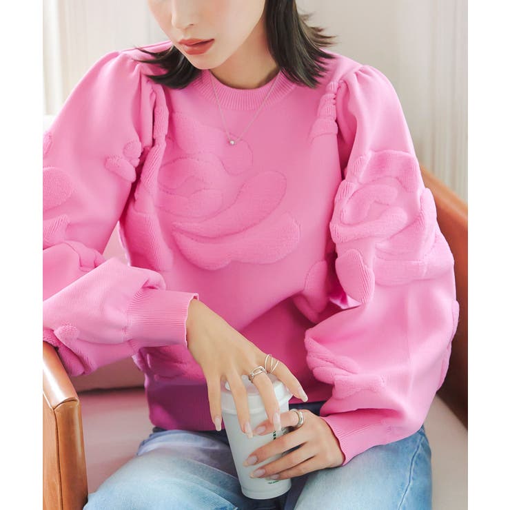 ピンク | 薔薇柄ボリュームスリーブニットトップス［N1117］ | KOBE LETTUCE