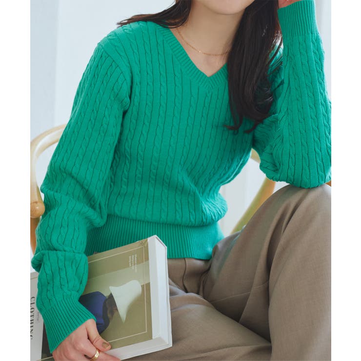 グリーン | コットン100ケーブルニットトップス［N1127］ | KOBE LETTUCE
