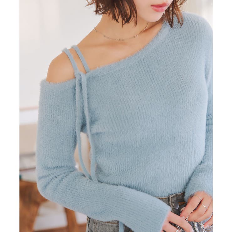 ブルー | ワンショルダーフェザーニットトップス［N1133］ | KOBE LETTUCE