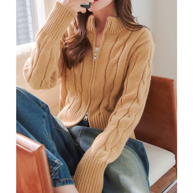 ダブルジップケーブルニットトップス［N1134］[品番：KO000014927