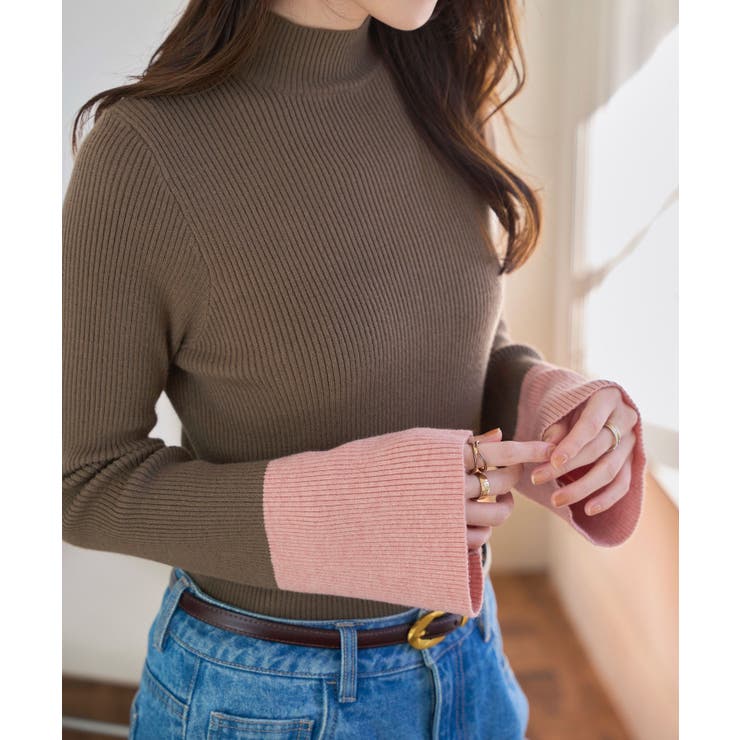 モカ×ピンク | 袖先配色フレアスリーブニットトップス［N1157］ | KOBE LETTUCE