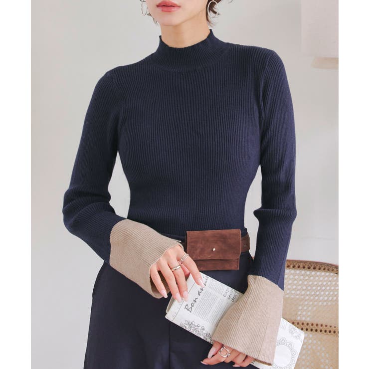 ネイビー×ベージュ | 袖先配色フレアスリーブニットトップス［N1157］ | KOBE LETTUCE