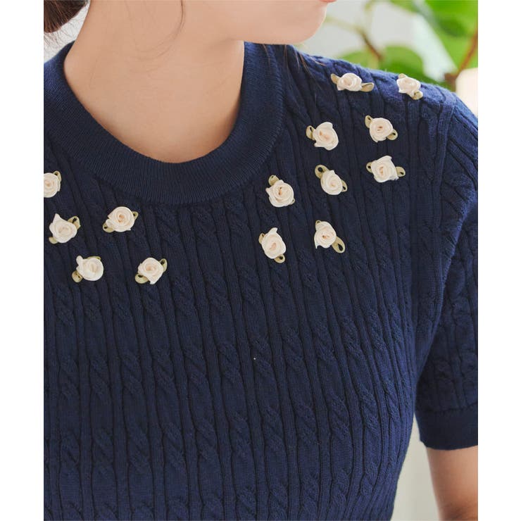 ネイビー | 薔薇モチーフケーブルニットトップス［N1173］ | KOBE LETTUCE