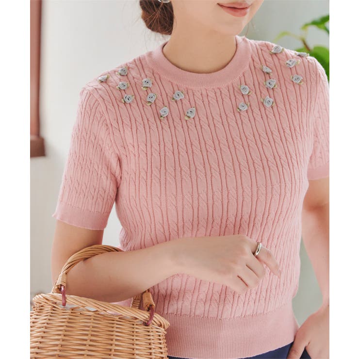 ピンク | 薔薇モチーフケーブルニットトップス［N1173］ | KOBE LETTUCE