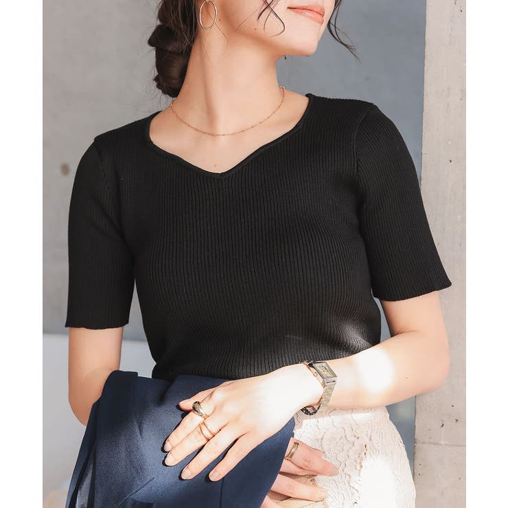 ブラック | ハートネックリブニットトップス［N1177］ | KOBE LETTUCE