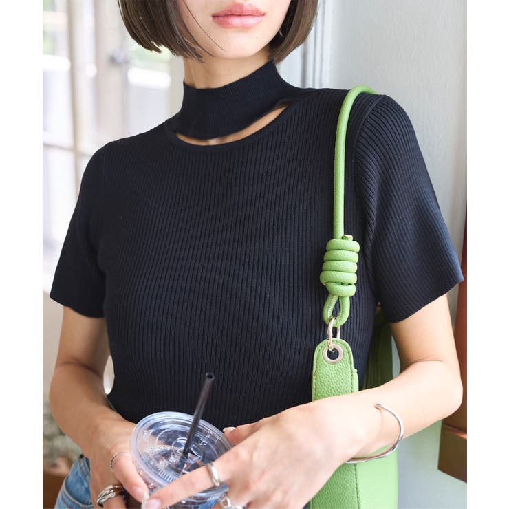 ブラック | ネックカットモックネック半袖ニットトップス［N1194］ | KOBE LETTUCE