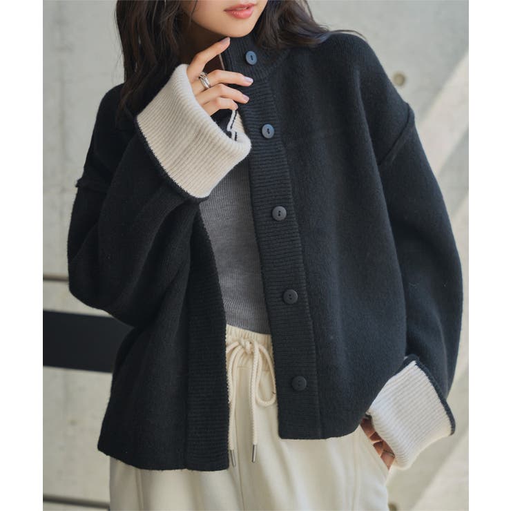 袖バイカラーニットジャケット 袖バイカラー ニットジャケット[品番