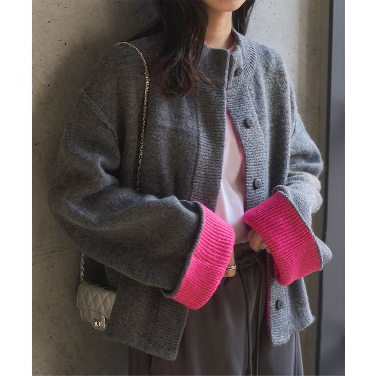 袖バイカラーニットジャケット 袖バイカラー ニットジャケット[品番