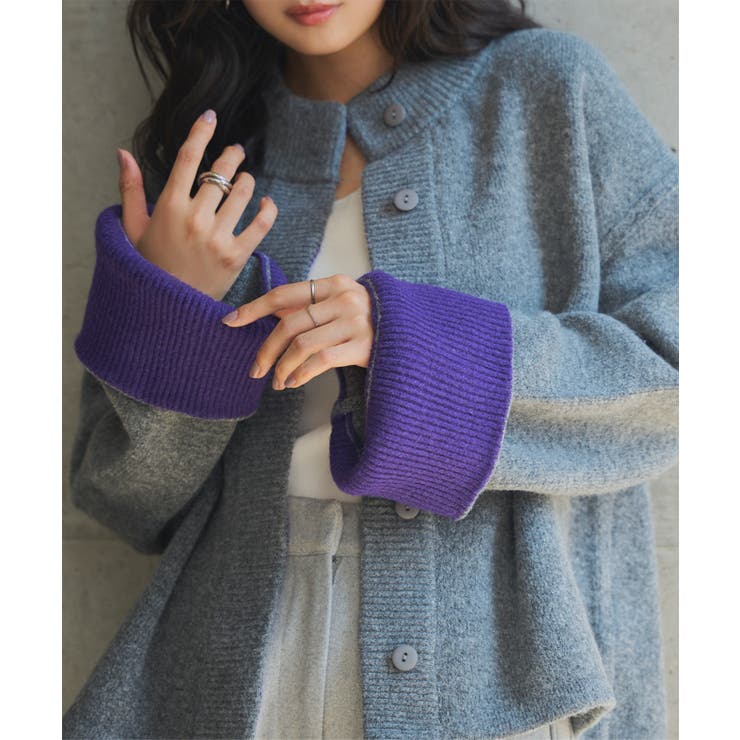 袖バイカラーニットジャケット 袖バイカラー ニットジャケット[品番