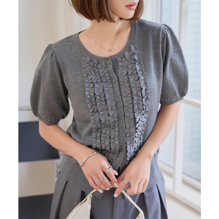 グレー | フロントフリルデザインパフスリーブカーディガン［N1221］ | KOBE LETTUCE