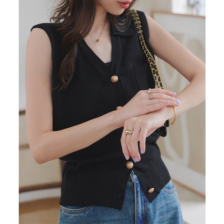 ブラック | ゴールドボタンVネックニットベストトップス［N1224］ | KOBE LETTUCE