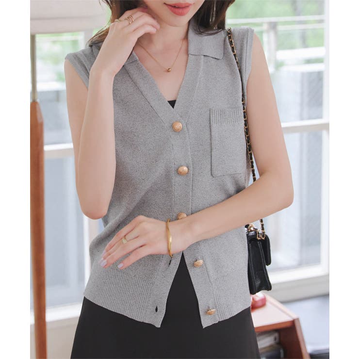 グレー | ゴールドボタンVネックニットベストトップス［N1224］ | KOBE LETTUCE