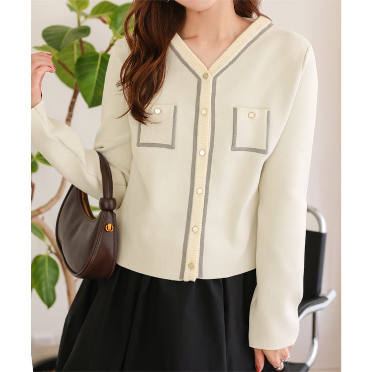 オフ×グレー | 配色ニットVネックカーディガン ニット カーディガン | KOBE LETTUCE