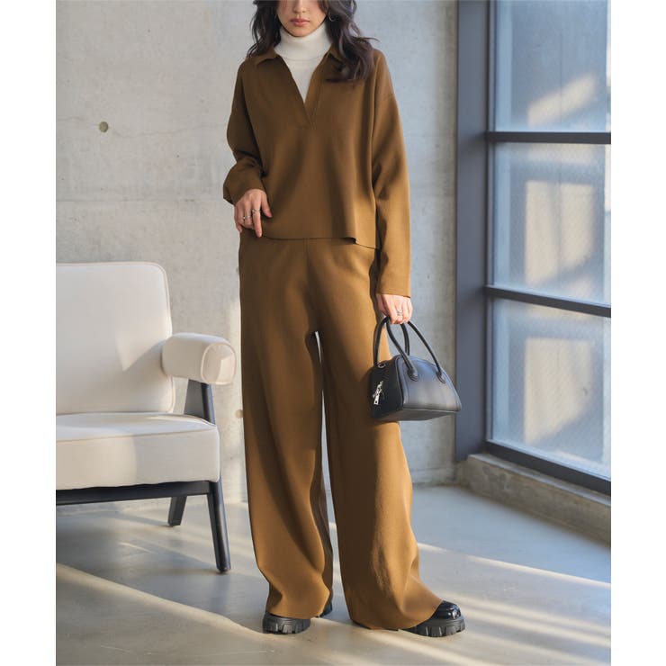 ブラウン | スポンディッシュニットスキッパートップス×ワイドパンツセットアップ トップス × | KOBE LETTUCE