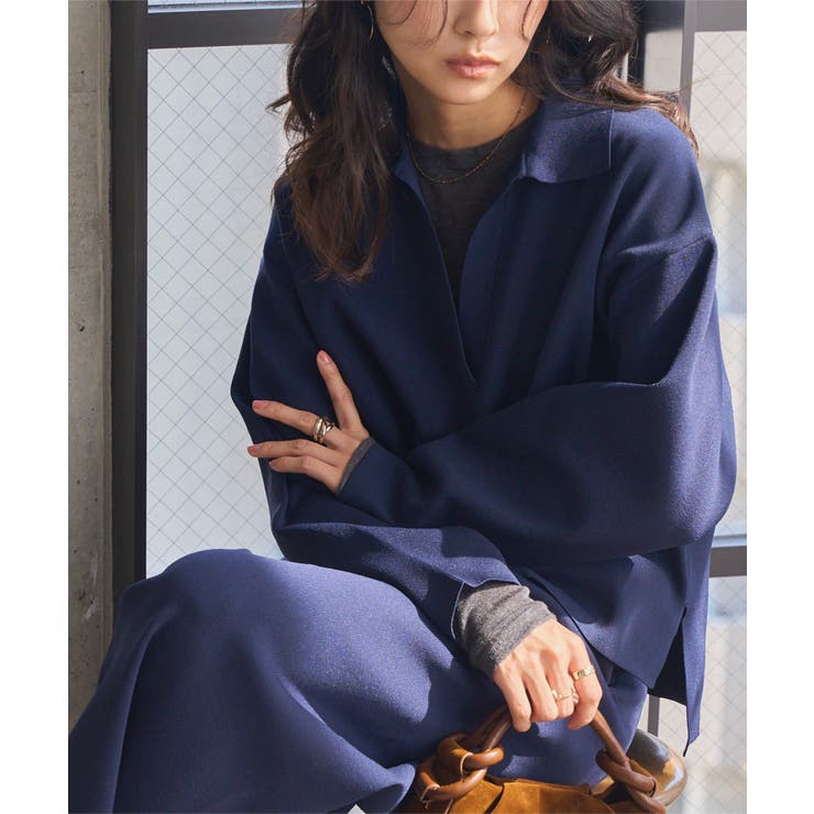 ネイビー | スポンディッシュニットスキッパートップス×ワイドパンツセットアップ トップス × | KOBE LETTUCE