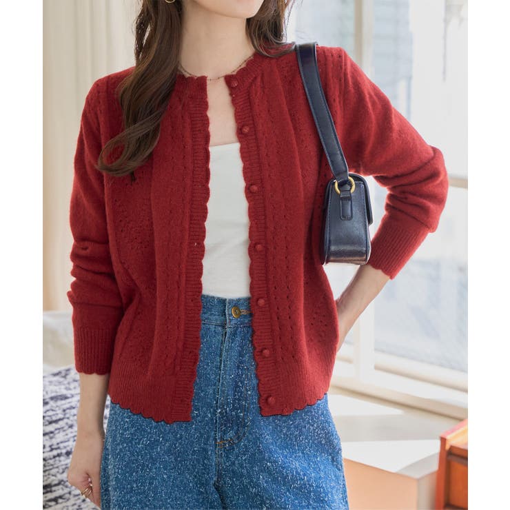 レッド | スカラップ透かし編みニットカーディガン スカラップ 透かし編み | KOBE LETTUCE