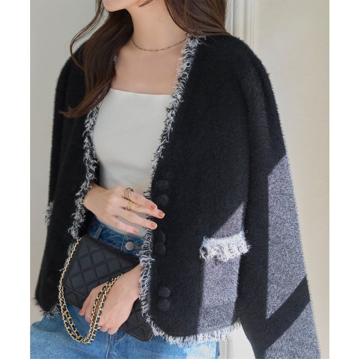 フリンジデザインシャギーニットジャケット ニットジャケット シャギー