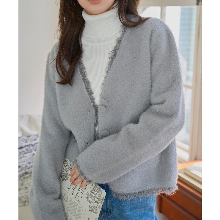 フリンジデザインシャギーニットジャケット ニットジャケット シャギー