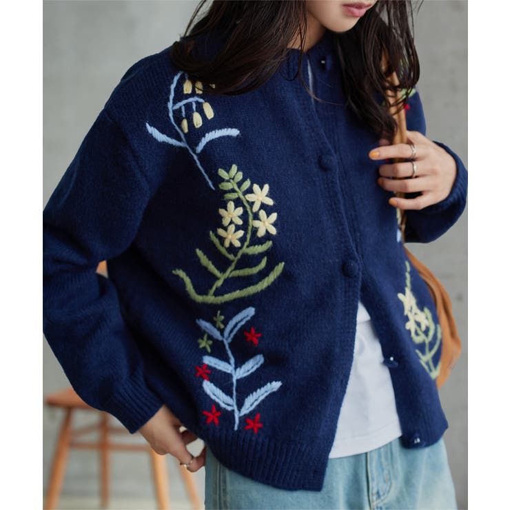 ネイビー | 立体刺繍ニットカーディガン 立体刺繍 ニットカーディガン | KOBE LETTUCE