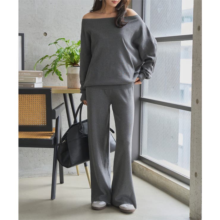 オフショルニットワイドパンツセットアップ ニット セットアップ[品番