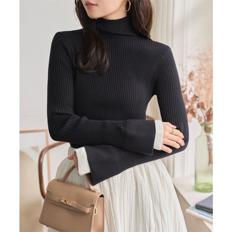 ブラック×オフ | 袖先取り外しOKフレアスリーブニットトップス［N1264］ リブニット ハイネッ… | KOBE LETTUCE