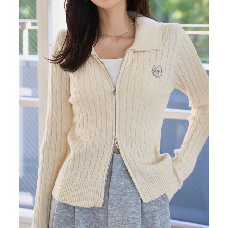 アイボリー | 襟付きケーブルダブルジップニット［N1267］ 襟付き ケーブルニット | KOBE LETTUCE