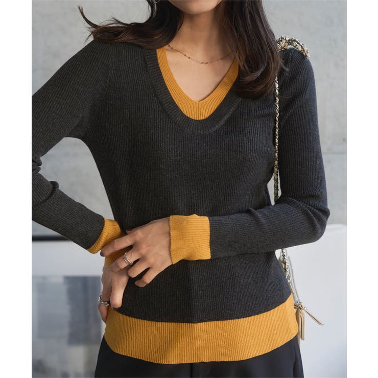 スミクロ×イエロー | バイカラー深Uネックニット［N1274］ バイカラー 深Uネック | KOBE LETTUCE