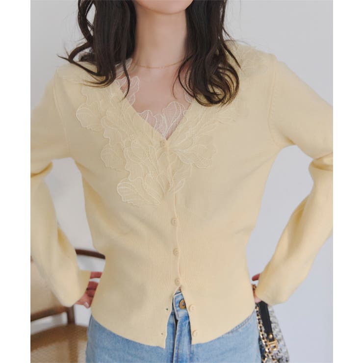 イエロー | 襟レースニットカーディガン 襟レース ニットカーディガン | KOBE LETTUCE