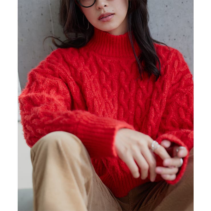 レッド | 3Dケーブルハイネックニットトップス 3Dケーブル ハイネック | KOBE LETTUCE