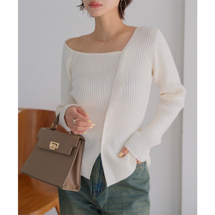 アイボリー | アシメネックボタンデザインリブニットトップス リブニット トップス | KOBE LETTUCE