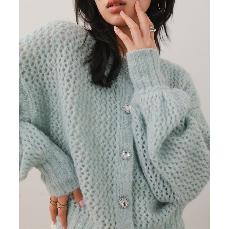 杢ブルー | すかし編みビジューボタンカーディガン［N1288］ ニットカーディガン すかし編… | KOBE LETTUCE
