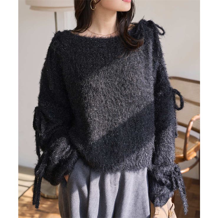 ブラック | キャットヤーン袖リボンラメシアーニット 袖リボン ニット | KOBE LETTUCE