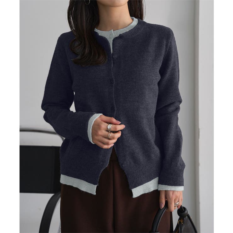 ネイビー | バイカラーフェイクレイヤードニットカーディガン バイカラー フェイクレイヤード | KOBE LETTUCE