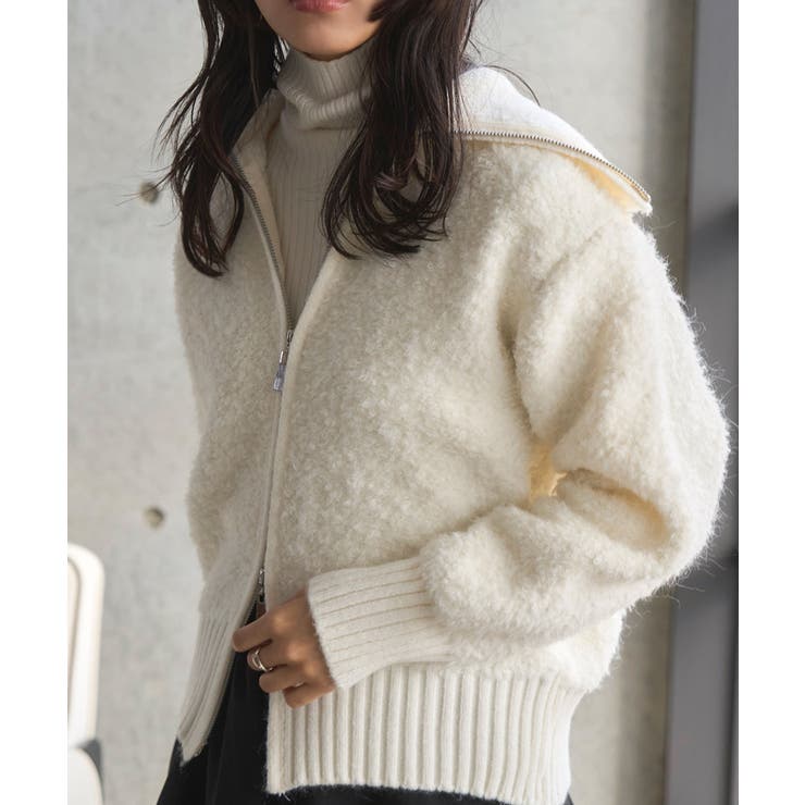 ワイドカラージップボアニットブルゾン ワイドカラー ジップ[品番