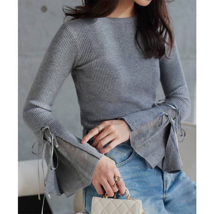 グレー | リボンデザインフレアスリーブリブニット リボンデザイン フレアスリーブ | KOBE LETTUCE